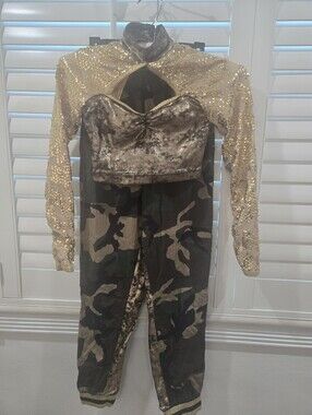 Halloween Costume -Gold Sequin Velvet Crop Top and Camo Jogger Set